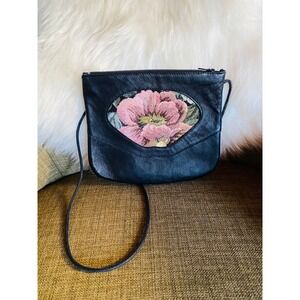 Black Leather Vintage  Crossbody Bag Floral Tapestry Small Shoulder Purse